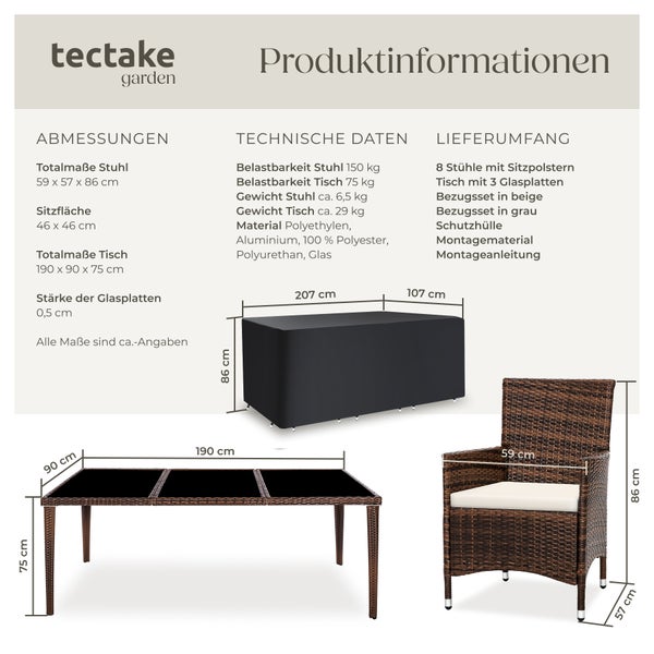 Rattan Sitzgruppe tectake Menorca 2 Bezugssets, inklusive Schutzhülle mit Aluminiumgestell schwarz/braun