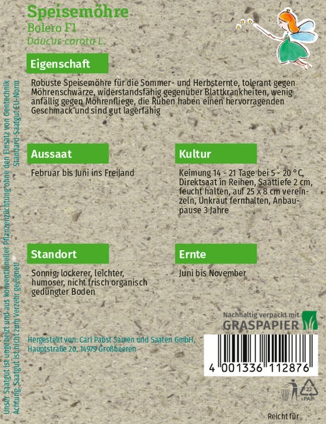 Rückseite einer Samentüte für Speisemöhren Bolero F1 mit Informationen zu Eigenschaften, Aussaat, Kultur, Standort und Ernte.