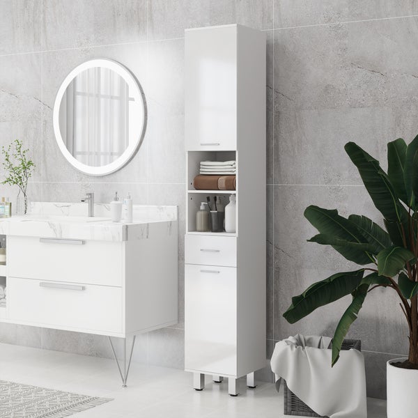kleankin Badezimmerschrank schmal, Hochschrank Toilettenschrank mit Hochganlzweiß Schublade, Verstellbar Ablage und 2 offenen Fächern, für kleine Räume Badezimmer 30 x 30 x 180 cm Weiß