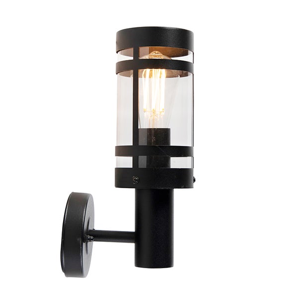 Schwarze Außenwandleuchte aus Metall und Glas mit sichtbarem Leuchtmittel im industriellen Design.