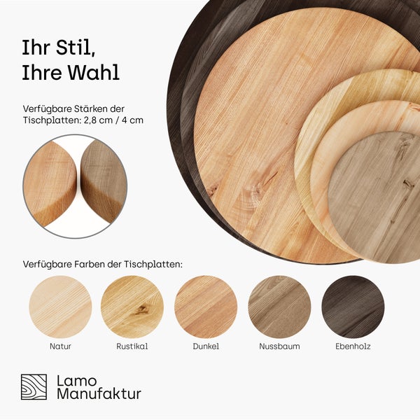 Runde hölzerne Tischplatten von Lamo Manufaktur in 2,8 und 4 Zentimeter Stärke. Farben: Natur, Rustikal, Dunkel, Nussbaum, Ebenholz. Lamo Manufaktur Logo