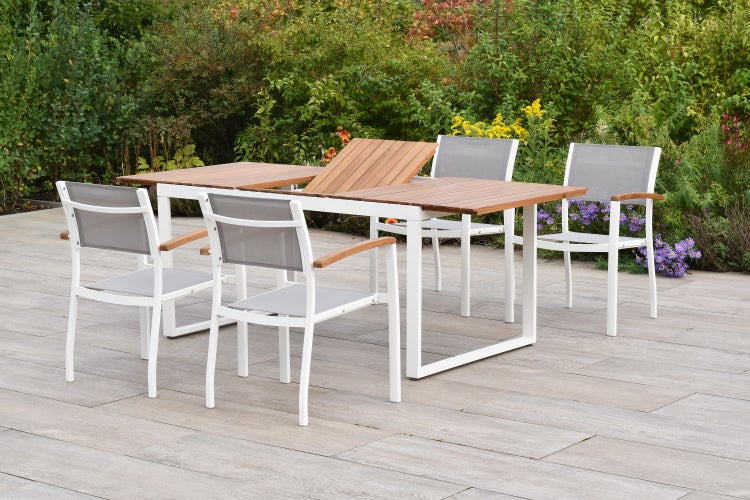 Naxos Gartenmöbelset 5tlg., 4 Stapelsessel, Ausziehtisch 150 (200) x 90 cm, weiß