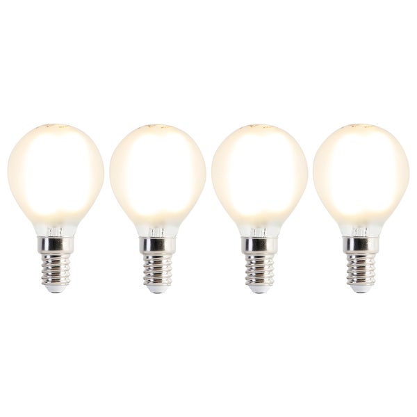 Vier LED-Leuchtmittel in Tropfenform mit E14-Sockel und mattem Glas.