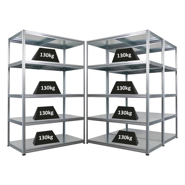 Zwei Metallregale mit je vier Ebenen, belastet mit Gewichten von je 130 kg