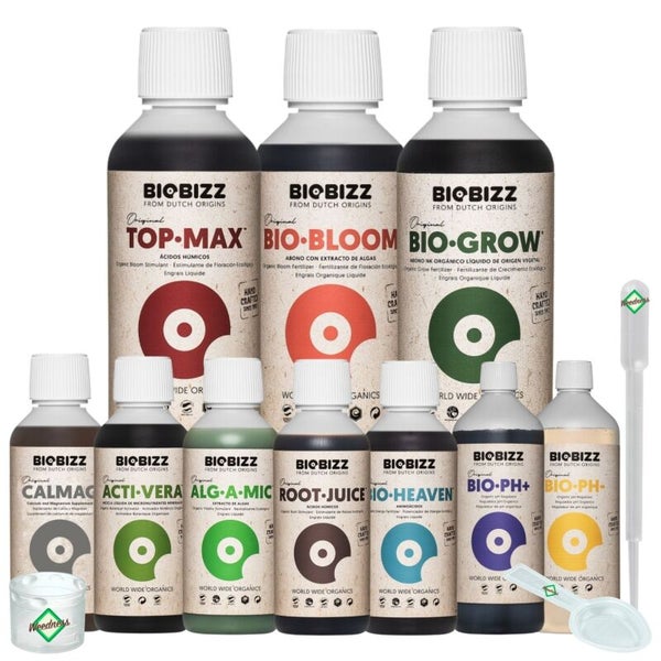 Biobizz Düngerset mit Top-Max, Bio-Bloom, Bio-Grow, Calmag, Acti-Vera, Alg-A-Mic, Root-Juice, Bio-Heaven, Bio-PH Plus, Bio-PH Minus, Pipette und Löffel.