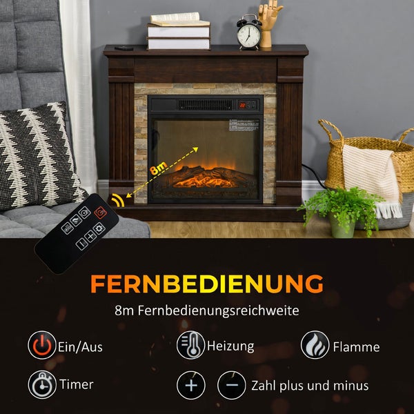 Elektrischer Kamin mit Fernbedienung und 8 Meter Reichweite in einem Wohnzimmer mit Dekorationsgegenständen.