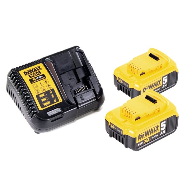 DeWalt Akku-Starter-Set mit zwei 18-Volt-XR-Lithium-Ionen-Akkus mit 5 Amperestunden und dem Schnellladegerät DCB115.