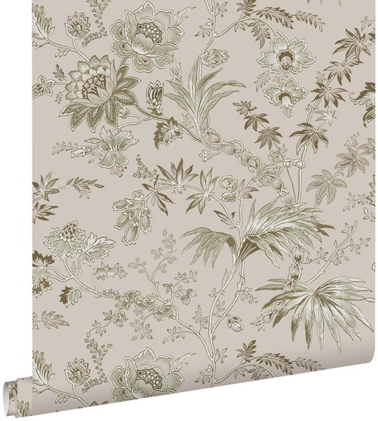 ESTAhome Tapete Blumenmuster Altrosa und Olivgrün - 53 cm x 10.05 m - 139401
