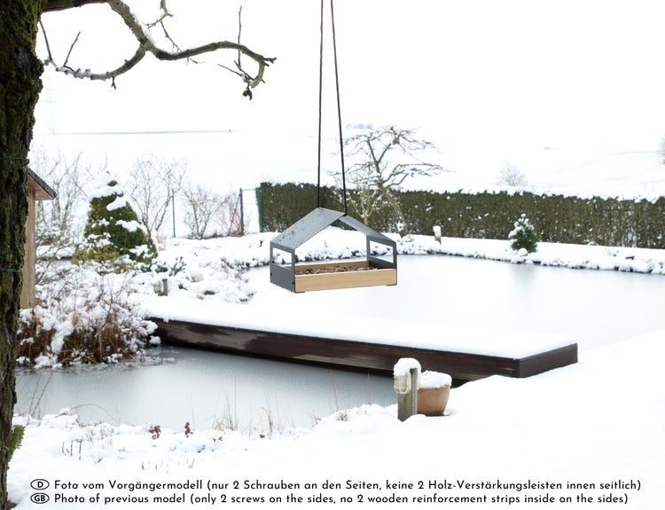 WONDERMAKE - Design Vogelhaus aus Metall und Holz wetterfest zum Aufhängen, modernes Vogelfutterhaus klein Metalldach hängend, Vogelhäuschen Futterhaus für Vögel, schwarz