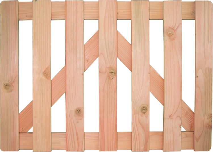 Zaunelement aus Holz mit vertikalen Latten und einer Diagonalstrebe für den Gartenbau.