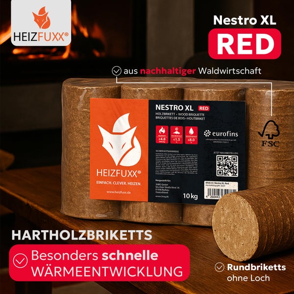 Heizfuxx Nestro XL Hartholzbriketts im 10 Kilogramm Pack aus nachhaltiger Waldwirtschaft für Kamine und Öfen.
