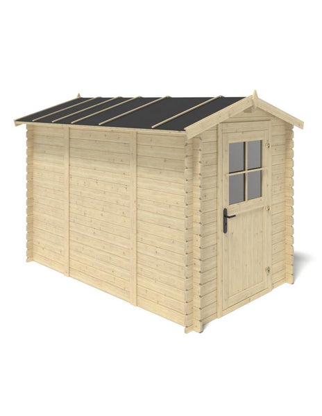 Gartenhaus aus Holz mit Satteldach und einer Tür mit Glasfenster.