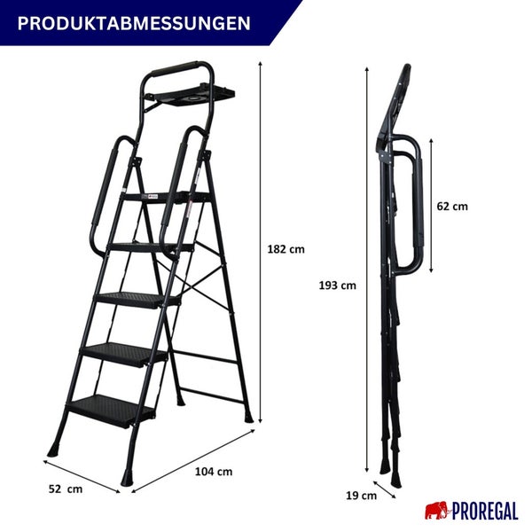 Schwarze Klapptrittleiter mit fünf Stufen und Maßangaben