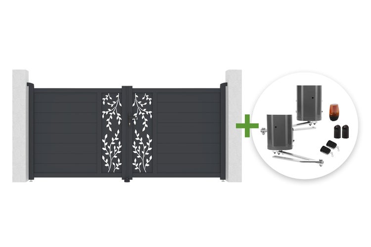 Zweiflügeliges Einfahrtstor aus Aluminium in Anthrazit mit Blattdekor inklusive elektrischem Torantrieb-Set mit Fernbedienungen und Zubehör.
