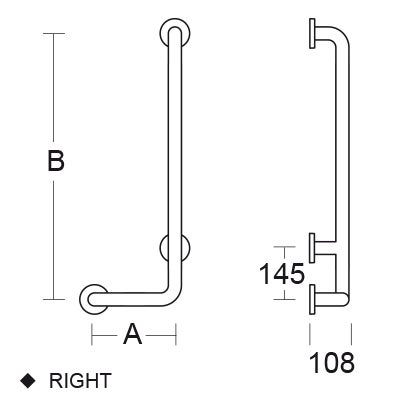 Maßzeichnung eines L-förmigen Haltegriffs für barrierefreie Bäder, rechte Ausführung, mit Maßangaben.