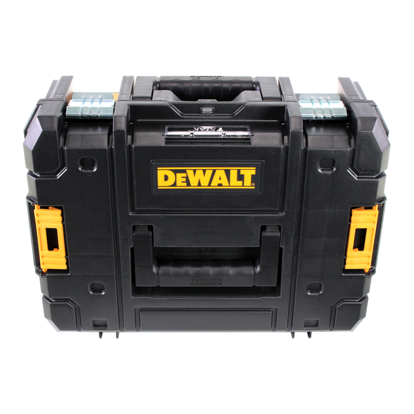 DeWALT TSTAK Werkzeugbox aus robustem Kunststoff mit Tragegriff, Metallschließen und seitlichen Clips zum Stapeln.