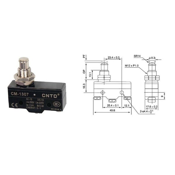 CNT D CM-1307 Endschalter mit Gewindehals und technischer Zeichnung mit Maßangaben