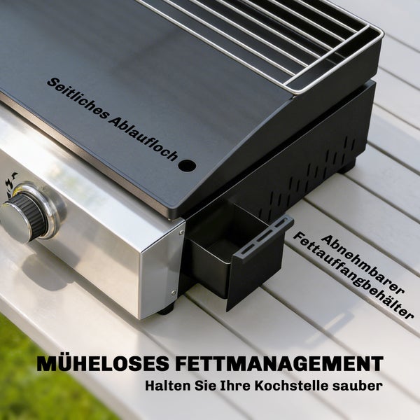 Nahaufnahme eines Grills mit seitlichem Ablaufloch und abnehmbarem Fettauffangbehälter für einfaches Fettmanagement und Reinigung.