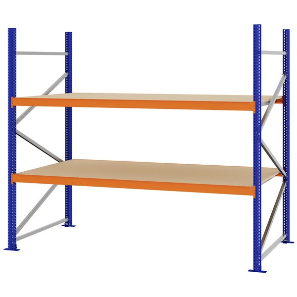 Stabiles Weitspannregal aus Metall mit zwei breiten Holzböden, blauen Pfosten und orangefarbenen Traversen für Werkstatt oder Lager.