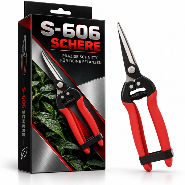 S-606 Pflanzenschere mit scharfen Klingen und ergonomischen Griffen in der Produktverpackung