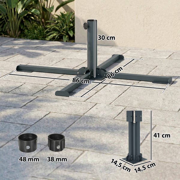 Sonnenschirmständer aus Metall als Kreuzfuß, 86 mal 86 Zentimeter, Rohrhöhe 30 oder 41 Zentimeter, Reduzierringe 38 und 48 Millimeter.