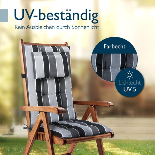 Hochlehner-Auflage auf einem Gartenstuhl aus Holz, UV-beständig, farbecht und lichtecht UV 5.
