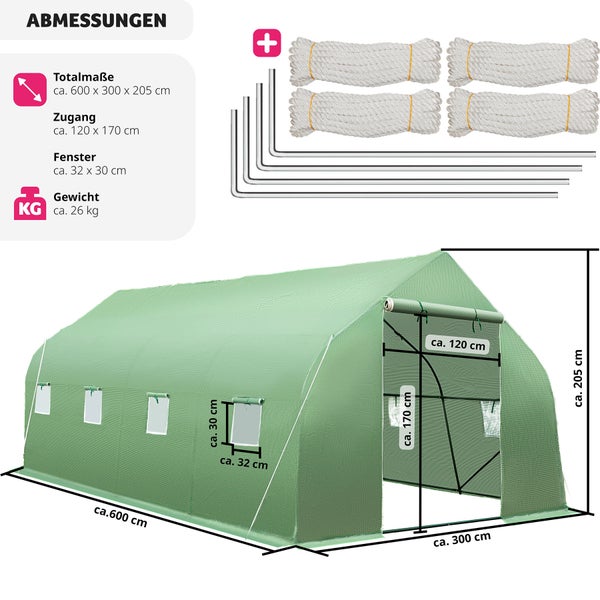 Foliengewächshaus tectake  600 x 300 x 205 cm 27 m³, in Zeltform mit 8 Fenstern grün