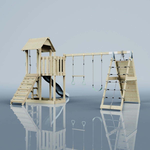 OutdoorToys Spielturm Roskilde aus Holz in Blau Trapezstange