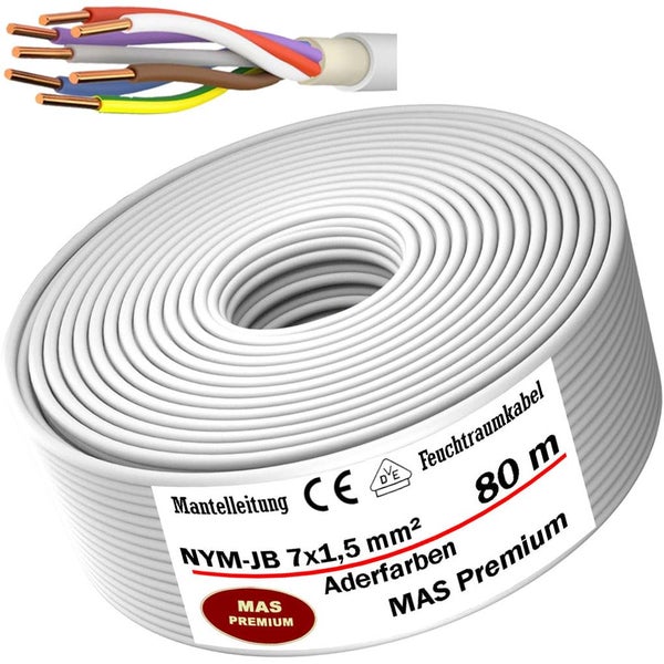 MAS Premium Feuchtraumkabel NYM-JB 7x1,5 mm², 80 Meter Ring mit Detailansicht der sieben Adern und Kupferleiter.