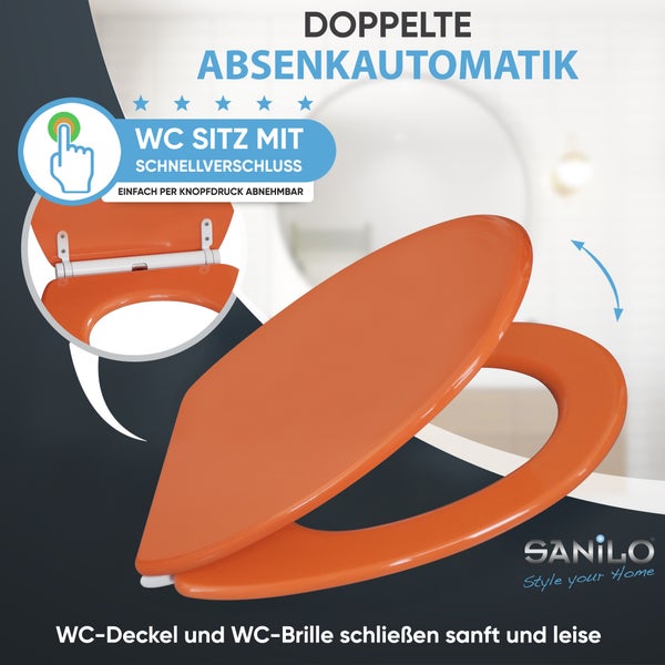 WC-Sitz mit doppelter Absenkautomatik und Schnellverschluss von Sanilo. Deckel und Brille schließen sanft und leise. Sanilo Logo.