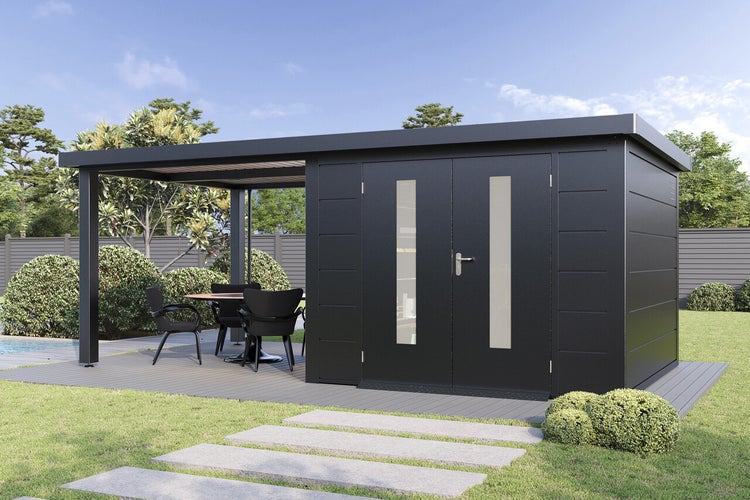 Modernes Gartenhaus aus Metall mit integriertem Terrassendach und Doppeltür im Garten auf einer Terrasse.