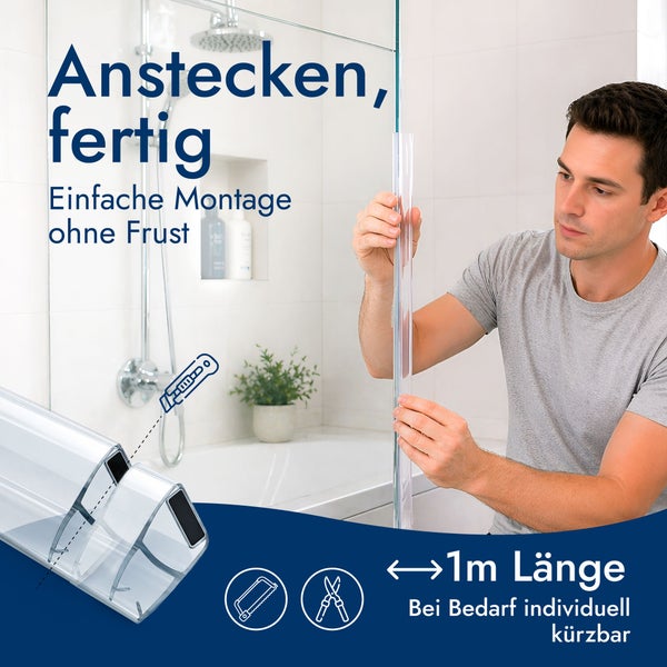 Ein Mann montiert eine transparente Duschdichtung an einer Glas-Duschwand. Die Dichtung ist 1 Meter lang und kann individuell gekürzt werden.