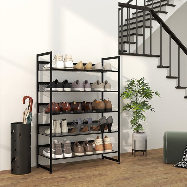 HOMCOM Schuhregal, Schuhständer mit 5 Ebenen, Schuhablage für max. 15 Paar Schuhe, Schuh-Organizer mit Griff für Eingang, Schlafzimmer, Stahl, 72 x 30 x 102 cm, Schwarz