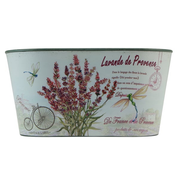 Ovaler Pflanztopf aus Metall mit Lavendel-Dekor, Libellen und Vintage-Motiven.