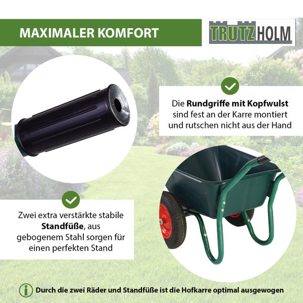 Detailansicht einer Schubkarre mit Fokus auf Griffe und Stahlfüße für maximalen Komfort und Stabilität. Marke Trutzholm.