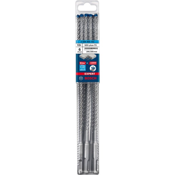 Bosch Expert SDS Plus-7X Hammerbohrer Set, 10 Stück, Durchmesser 6 Millimeter, Länge 200/265 Millimeter
