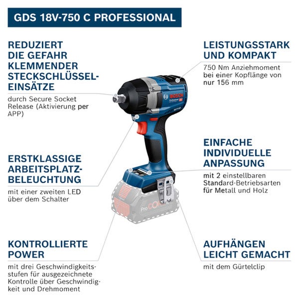 Abbildung eines Bosch GDS 18V-750 C Professional Akku-Schlagschraubers mit hervorgehobenen Produkteigenschaften.