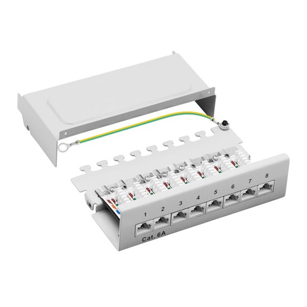 ProfiPatch Cat6a Patchpanel Patchfeld 8 Port Verteilerfeld geschirmt RJ45 Desktop und Wandmontage 1HE grau