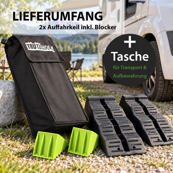 Set aus zwei Trutzholm Auffahrkeilen mit Blockern und Tragetasche für Wohnmobile