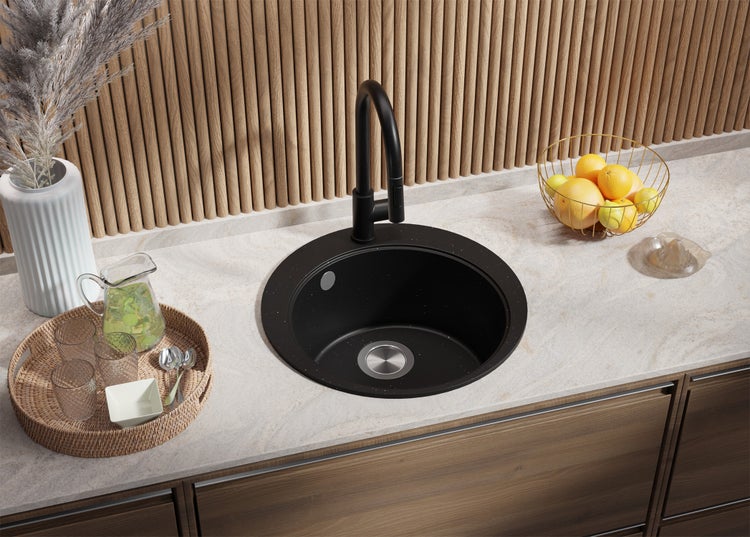 PRIMAGRAN Granitspüle Schwarz Metallic 50x50cm, Spülbecken Rund 1 Becken + Küchenarmatur 40x20cm + Ablauf-Set + Schneidebrett, Küchenspüle ab 45er Unterschrank - Pisa