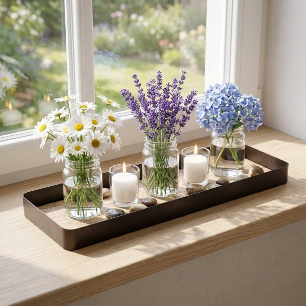 Dekoratives Tablett aus Metall auf einer Fensterbank mit Blumenvasen aus Glas, Kerzen und Dekosteinen für eine harmonische Wohndekoration