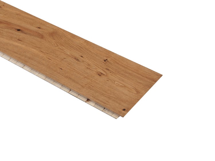 Einzelnes Laminatpaneel in Eichenoptik mit natürlicher Holzmaserung und Klicksystem.