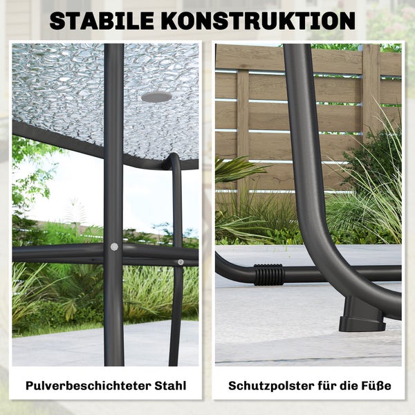 Stabile Konstruktion aus pulverbeschichtetem Stahl mit Schutzpolstern für die Füße und strukturierter Glasplatte.