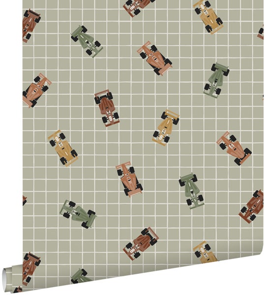 Tapete mit Rennwagenmuster auf einem hellen Gitter