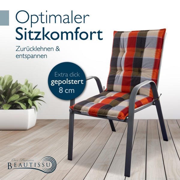 Gartenstuhl mit Hochlehner-Auflage im Karomuster. Die Auflage ist 8 Zentimeter dick für optimalen Sitzkomfort. Beautissu Logo.