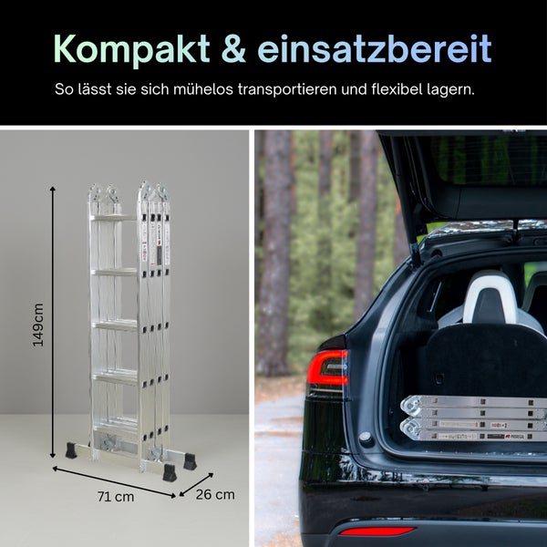 Zusammengeklappte Mehrzweckleiter mit Maßen 149 Zentimeter Höhe, 71 Zentimeter Breite, 26 Zentimeter Tiefe und Darstellung im Kofferraum.