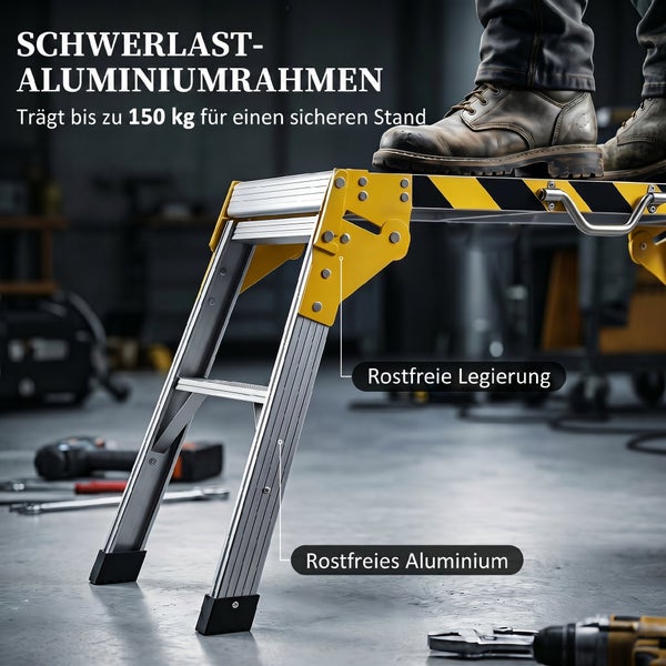 Arbeitsplattform aus Aluminium mit 150 Kilogramm Tragkraft und robuster Konstruktion für sicheres Arbeiten.