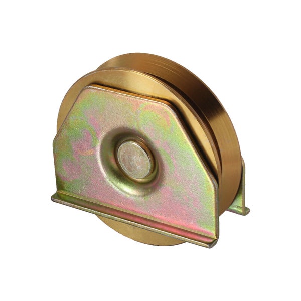 Eine metallene Torrolle mit V-Nut zur Führung von Schiebetoren.