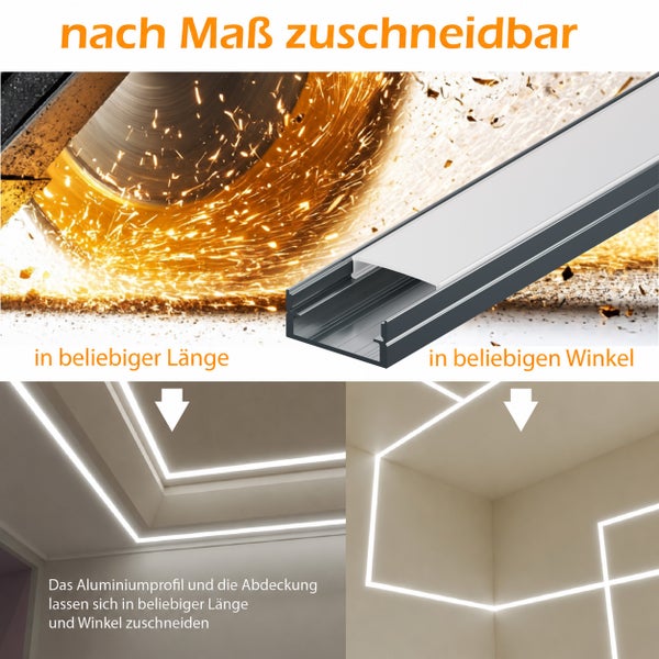 LED Aluminiumprofil für LED Streifen, individuell zuschneidbar in Länge und Winkel für moderne Decken und Wandbeleuchtung im Innenbereich