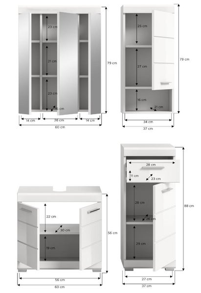 Maßzeichnung für Badmöbel: Spiegelschrank, Hängeschrank, Waschbeckenunterschrank und Seitenschrank mit Angaben in Zentimeter.